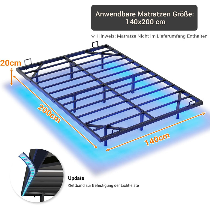 Каркас ліжка DICTAC 140x200 зі світлодіодним освітленням, Ліжко 140x200 з металевою рейковою основою, Плаваючий каркас ліжка 140 x 200 для дорослих з освітленням - Міцний та стійкий, Легке складання, Чорний (без матраца) 140x200 см