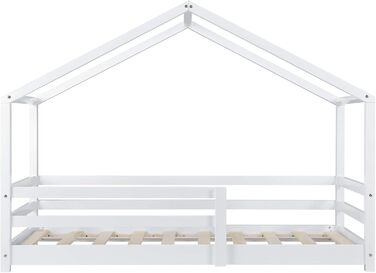 Дитяче ліжко Kntten, Ліжко-будиночок, Ліжко на підлозі, 80 x 160 см, Дерев&39яне ліжко для дітей із захистом від падіння, Каркас ліжка з рейковою основою, Сосна, Біле, 80x160 см