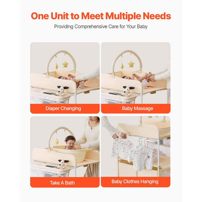 Пеленальний столик VEVOR, складна пеленальна станція з 2 висувними ящиками для тканини, бічним кошиком та вішалкою для одягу, портативний пеленальний столик з регульованою висотою, колесами, що блокуються, та 2 іграшками-зірками, світло-бежевий