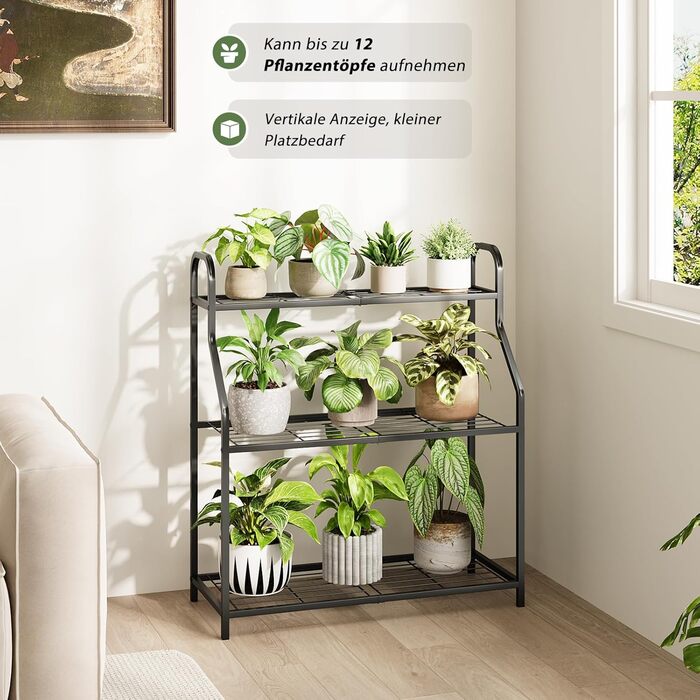 Підставка для рослин Bamworld, чорний метал, всепогодна полиця для рослин для використання в приміщенні та на вулиці, стіл для посадки квітів та трав, міцна 3-рівнева залізна підставка для квітів