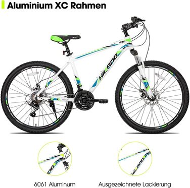 Гірський велосипед для дорослих HILAND 26/27,5 дюймів, MTB з алюмінієвою рамою, механічні дискові гальма, 21 швидкість, амортизаційна вилка, MTB велосипед для чоловіків та жінок, білий, 26 дюймів