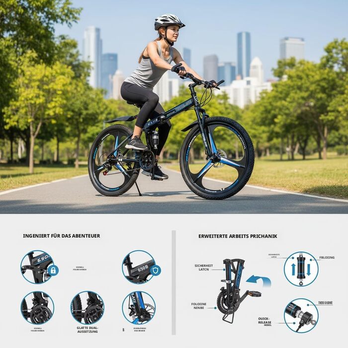 Складаний велосипед LSLIFE 27,5 дюймів, 21 швидкість, професійний кузов, алюмінієва рама, подвійні дискові гальма, передня підвіска, гірський велосипед для чоловіків/жінок, 27,5 дюймів, чорний/синій