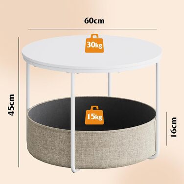 Круглий білий журнальний столик WLIVE, столик для вітальні з тканинним кошиком, металевий каркас, журнальний столик для вітальні з диваном, діаметр 60 дюймів, журнальний столик для вітальні, спальні (білий, діаметр 60 дюймів)