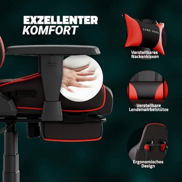 Ергономічне офісне крісло Game Hero - Ігрове крісло з подушкою для стегон та підголівником - Геймерське крісло з підставкою для ніг - Шкіряне крісло для роботи, Ігрове крісло до 125 кг - Winner X1 (червоне)