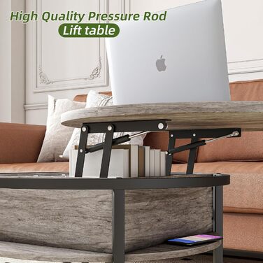 Круглий журнальний столик HOJINLINERO, журнальний столик з регульованою висотою, стіл для вітальні з прихованим місцем для зберігання, з підйомною стільницею, журнальні столики, столик біля дивана, журнальний столик, кругле дерево (сірий)