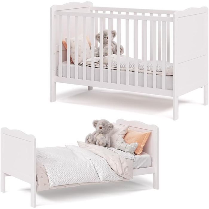 Дитяче ліжечко 60x120 см Tobi - Біле 124x87x65 см з дерева - дитяче ліжко із захистом від падіння, призначене для новонароджених та немовлят, з регульованою по висоті рейковою основою