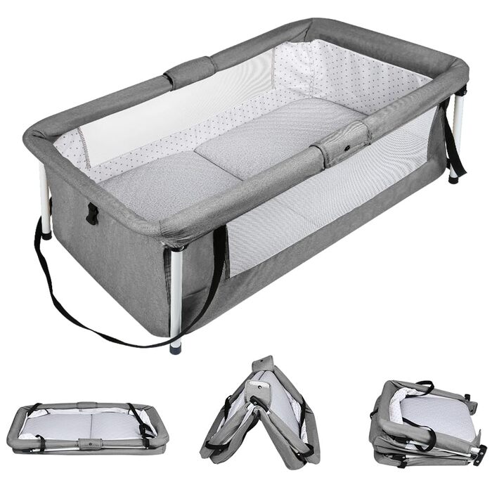 Дитяче ліжечко Homewell Baby Travel Cot, складне дитяче ліжечко з матрацом, портативний намет-ліжечко, оснащений москітною сіткою та іграшками, 90 x 50 см (у зібраному вигляді) / 45 x 50 см (складене) (сірий)