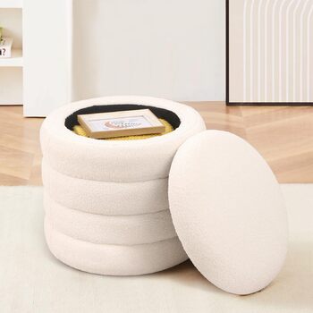 Круглий стілець для зберігання речей з плюшевої тканини - м&39який стілець, круглий туалетний столик для вітальні, спальні та коридору, Ø 46 x 47 см, білий 46x46x47 см