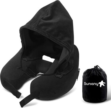 Подушка Sunany Neck Pillow Airplane with Hood, Travel Pillow for Air Travel and Car, Inflatable and Comfortable Travel Neck Pillow Adults, Supports Head, Neck and Chin - Black