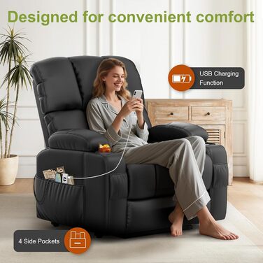 Крісло для масажу з відкидною спинкою, крісло для телевізора з електрорегулюванням та функцією відкидання спинки, функцією масажу та підігріву, порти типу C та USB, 4 бічні кишені, 2 підстаканники, крісло для читання, крісло для телевізора, крісло для віт