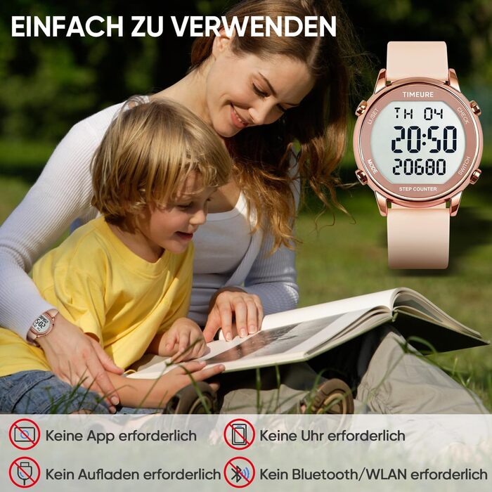 Жіночий крокомір, крокомір для ходьби, не потрібен додаток/телефон, водонепроникний фітнес-трекер калорій, відстеження відстані, будильник, великий цифровий дисплей, годинник, рожевий TU-2509