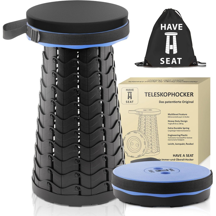 Телескопічний стілець Have A Seat практична подушка сидіння з кишенею висота стільця регулюється в 11 кроках висота 45 см складається компактний 1,5 кг площа сидіння 25 см ручка для перенесення чорний