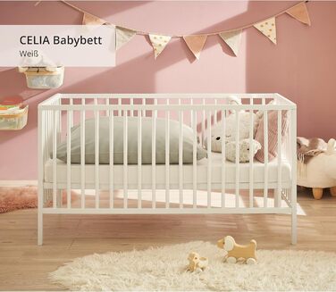 Дитяче ліжко Celia Safe 60x120 см з масиву бука білого кольору - Функціональне дитяче ліжечко з регульованою по висоті рейковою основою - 64 x 80 x 124 см (Ш/В/Г)