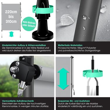 Вертикальний тент KESSER із затискачем 200x310 см, розсувний та непрозорий, з ручним приводом, не потребує свердління, екран для балкону та вітрозахисний екран для саду та тераси, водонепроникний, сірий, 200x310 см, сірий