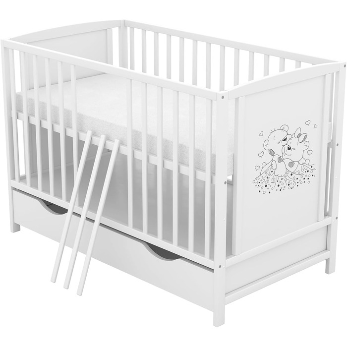 Дитяче ліжко Generic Baby Deluxe 60x120, що трансформується в дитяче ліжко білого кольору, з шухлядою та матрацом з алое вера, регульованою висотою та знімними поручнями (захисна поручень Mia для шухляди)
