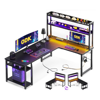 Ігровий стіл ODK зі світлодіодним підсвічуванням, 150120 см, двосторонній L-подібний стіл з 2 розетками та 2 портами зарядки USB, кутовий стіл чорного кольору з підставкою та полицею для зберігання, чорний 150120 см