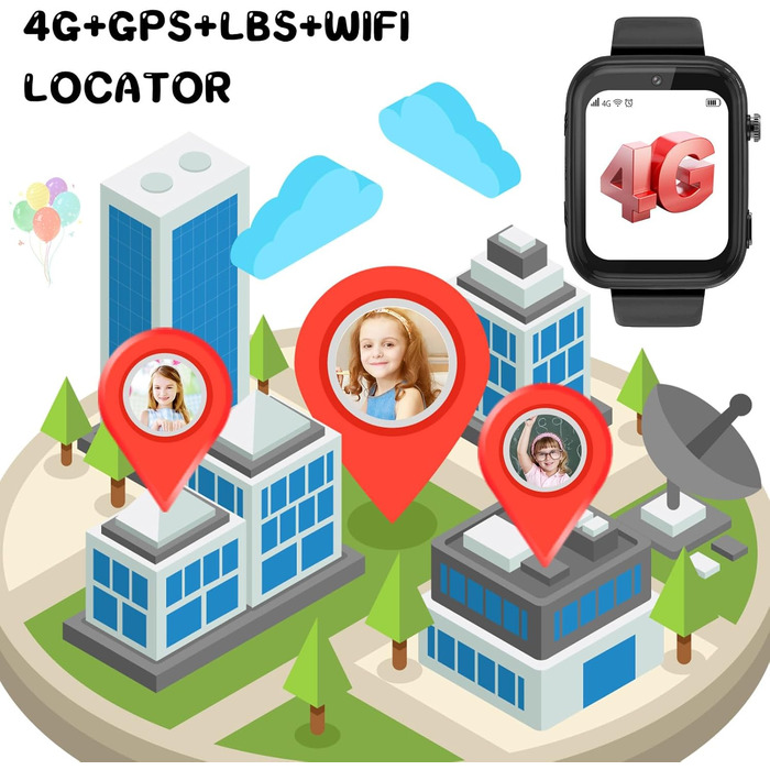 Дитячий смарт-годинник OKYUK з телефоном та GPS, відеодзвінками 4G/голосовим чатом/SOS/шкільним режимом/SMS/будильником, дитячий смарт-годинник з крокоміром та монітором сну, подарунок для дівчаток та хлопчиків (T45 чорний)