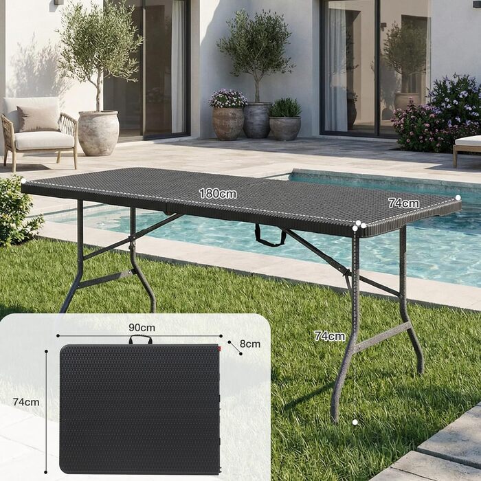 Розкладний фуршетний стіл Sekey, пластик 180 x 74 x 74 см, садовий стіл під ротанг з ручкою для перенесення Розкладний стіл для вечірок для саду, патіо та балкону Кемпінговий стіл на 6 осіб (чорний) Чорний/ротанг