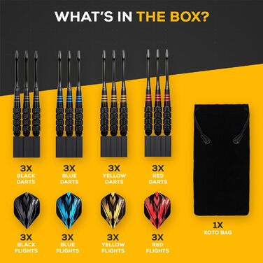 Дартс KOTO KOTO - Набір латунних стріл для дротиків, включаючи 4 набори чорних латунных дротиків (23 грифи), 4 набори дергань (100 мікрон) футляр з чорними алюмінієвими древками