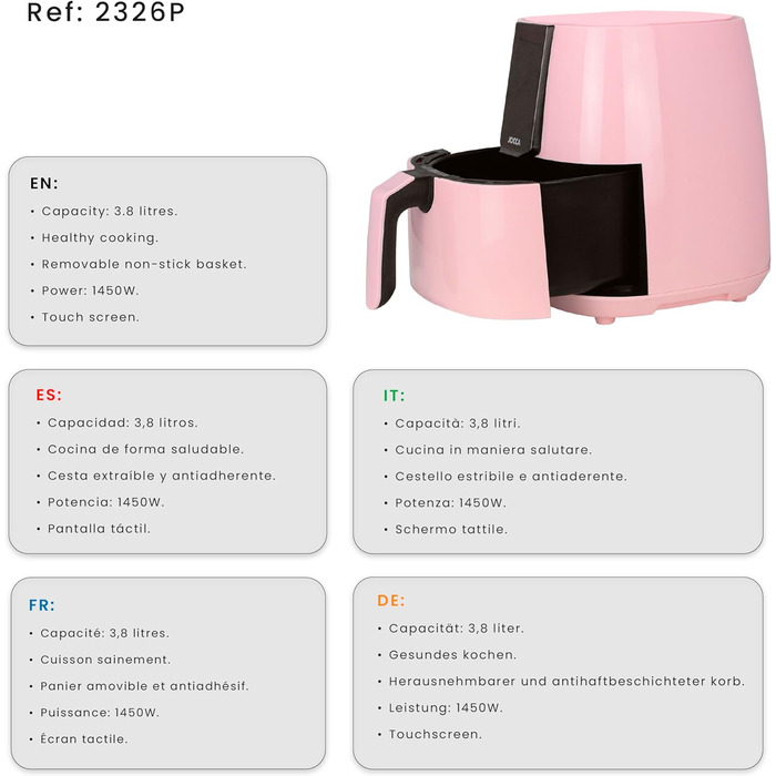 Аерофритюрниця 3.8 л Безмасляна фритюрниця 1450 Вт Аерофритюрниця Аерофритюрниця Аерофритюрниця Здорова кулінарія Світлодіодний сенсорний екран Енергозбереження (Рожевий)