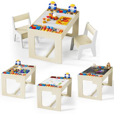 Дитячий комплект сидіння MAMIZO з місцем для зберігання, дитячий стіл з 2 стільцями, комплект дитячого столу та стільців з двосторонньою стільницею, дитячий стіл для дитячих кімнат та дитячих садків, вік 3, колір дерева з білим