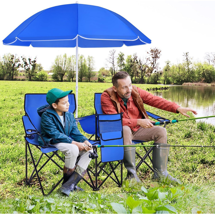 Крісло для кемпінгу COSTWAY на 2 особи з сонцезахисним тентом, сумкою-холодильником, тримачем для напоїв та бічною кишенею, складне рибальське крісло з сумкою для перенесення, складне крісло для кемпінгу, риболовлі, пікніка (темно-синє)