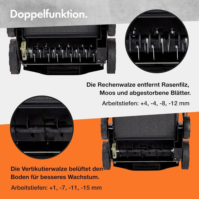 Електричний аератор/вертикуттер/граблі для газону 1500 Вт, для розпушування та прибирання газону, видаляє повсть, мох та листя, покращує аерацію ґрунту, мішок для збору 30 л, 4 рівні висоти зрізу, ширина робочого захоплення 32 см, потужність 1500 Вт