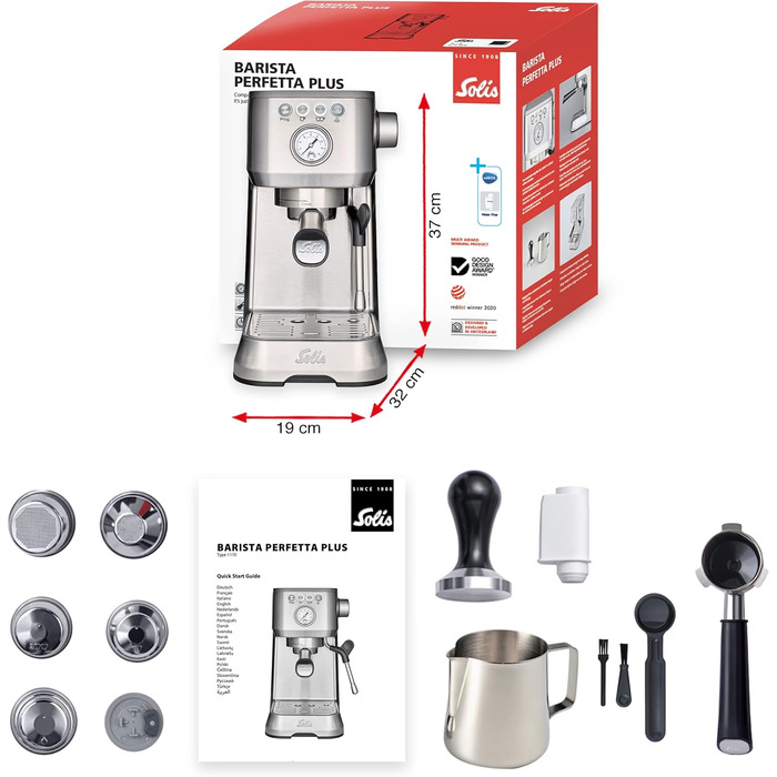 Еспресо-машина Solis Barista Perfetta Plus V2, напівавтоматична кавоварка з піноутворювачем молока, програмована кавоварка зі знімним резервуаром для води, функцією гарячої води та пари, срібло