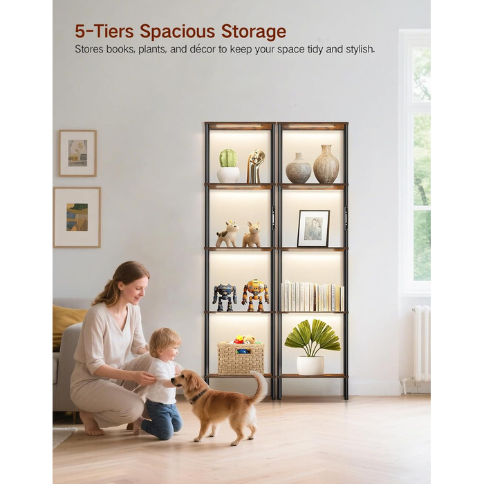 Торшер з полицею, світлодіодний світильник з регульованою яскравістю, 3 колірні температури, сенсорне та дистанційне керування, книжкова полиця з підсвічуванням, дерев&39яна окремостояча полиця, сучасний дизайн для вітальні, спальні, офісу (колір рустик-к