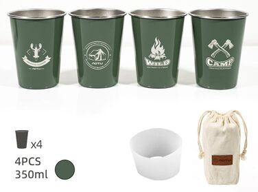 Набір стаканчиків з нержавіючої сталі для використання на відкритому повітрі, 4 предмети, металеві стаканчики харчового класу 304, об&39ємом 350 мл, що складаються один на одного, з сумкою для перенесення, для пікніків, подорожей (зелені)