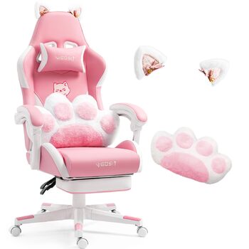 Миле ігрове крісло з поперековою подушкою у формі котячої лапи та котячими вушками, ергономічне ігрове крісло з підставкою для ніг, регульоване ігрове крісло для ПК для дівчаток, підлітків, дітей, рожеве