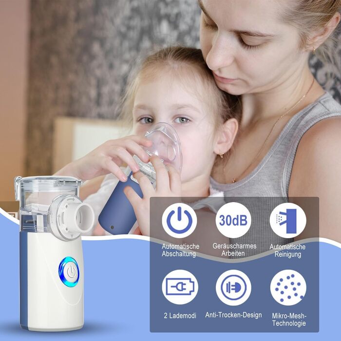 Інгалятор дитячий, інгалятор для дорослих дитячий, інгалятор небулайзер, інгалятор дитячий немовля, з маскою та насадкою від респіраторних захворювань Ефективний, підходить для сімейних подорожей (синій)
