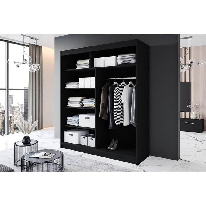 Шафа-купе з розсувними дверима чорного кольору 180x215x58 см з дзеркалом - Меблі для спальні, Місця для зберігання - Універсальна шафа, 3