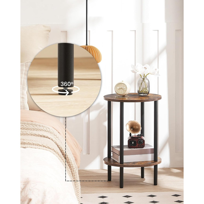 Круглий приставний столик, журнальний столик з 2 полицями, невелика тумбочка біля ліжка, журнальний столик в індустріальному стилі, для вітальні, спальні, вінтажний коричневий та чорний DTBZ01BF Вінтажний коричневий чорний 1