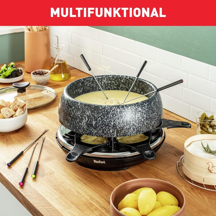 Електричний раклетний гриль прилад для фондю для 6 осіб 6 сковорідок, 6 виделок, 1 каструлякришка, книга рецептів Кам'яний вигляд Можна мити в посудомийній машині 850 Вт, 12C8