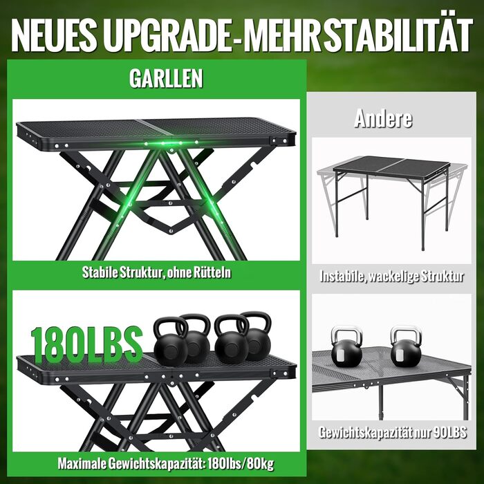 Складаний стіл для гриля GARLLEN, 60x40 см та 3 регульовані висоти (25/48/71 см), X-подібна конструкція опори стабільний, легкий та портативний кемпінговий стіл, складаний стіл, садовий стіл, стіл для пікніка, невеликий стіл для гриля