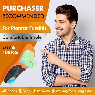 Ортопедичні устілки для чоловіків та жінок, устілки для підтримки склепіння стопи при плантарному фасціїті, п&39яткових шпорах, плоскостопості, болю в стопі, комфортні вкладиші з піни з пам&39яттю форми, розмір 45-47 EU, 30,5 см