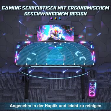 Ігровий стіл JUMMICO зі світлодіодним освітленням, ігровий стіл RGB, міцний комп&39ютерний стіл для домашнього офісу та геймерів, ігровий стіл з тримачем для навушників та підсклянником, 120 x 60 см, чорний 120x60см