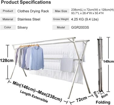 Складна вішалка для одягу, вішалка з нержавіючої сталі для приміщень і вулиці, зручна для зберігання, 2,38 м