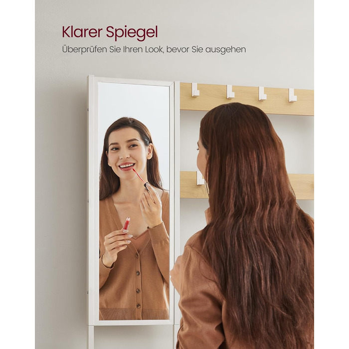 Вішалка для одягу, шафа з гачками, вішалка для одягу з дзеркалом, лавка для взуття та полиці, 36 x 98 x 185 см, для передпокою, спальні, вітальні, дубово-білий HSR050W09 Дуб біла полиця для взуття