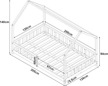 Дитяче ліжко Hesel House ліжко дерев'яне 120 x 200 см із захистом від випадіння та рейковим каркасом Підлогове ліжко Молодіжне ліж