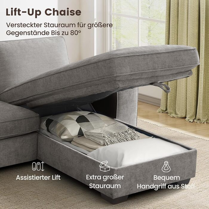 Розкладний секційний диван 250 см з шезлонгом, сучасний L-подібний двосторонній дизайн, зручна тканина шеніл, знімні чохли для подушок, порти USB Type-C, вітальня (світло-сірий), світло-сірий 3-місний L-подібний диван