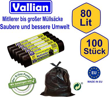 Літрові сміттєві пакети - Розміри 65 x 85 см - 20 пакетів у рулоні - стійкі до розривів, міцні та гнучкі - Упаковка з 5 рулонів (100 пакетів), 80-