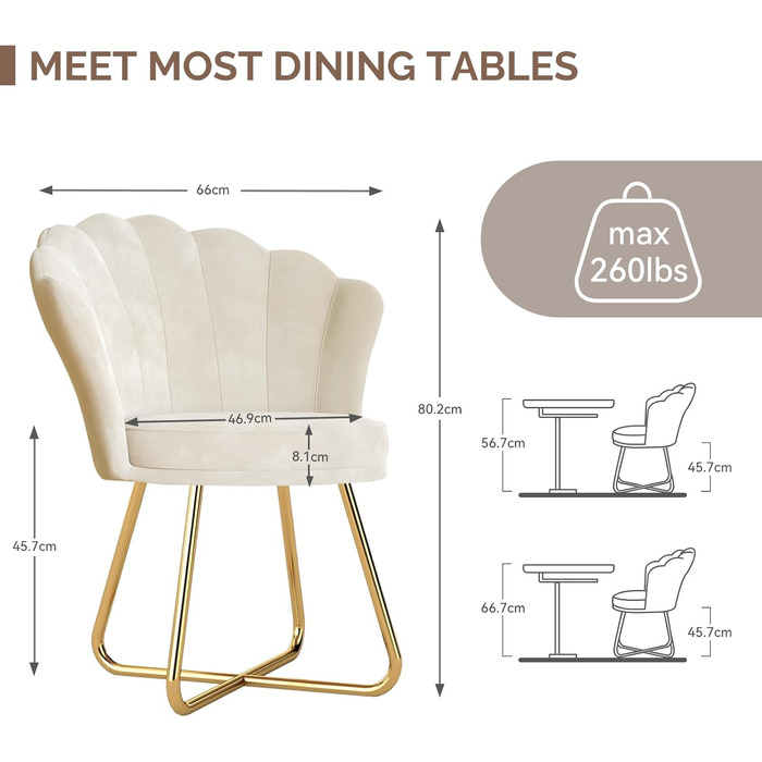 М&39яке крісло, обідній стілець, стілець для туалетного столика, оксамитове крісло, спинка у формі пелюсток, крісло-реклайнер із золотистими металевими ніжками, вантажопідйомність до 150 кг, бежевий