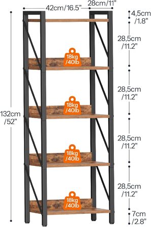 Книжкова полиця HOOBRO, стояча полиця, полиця-драбина, окремостояча вузька полиця, офісна полиця, 5 ярусів, відкриті полиці, для вітальні, спальні, офісу, кухні, рустикальний коричневий та чорний EBF73SJ01 42 x 28 x 132 см Рустикальний коричневий чорний