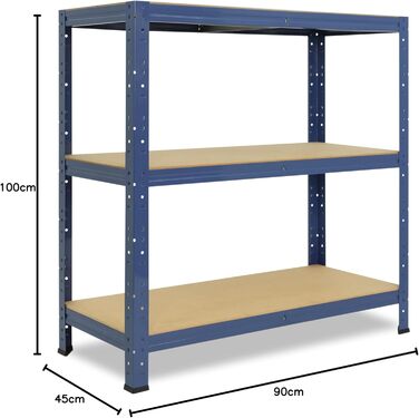 Надміцний стелаж для дому, синій/металевий стелаж з 3 полицями/стелаж для підвалу, стелаж для гаража, стелаж для майстерні або стелаж для зберігання/металевий стелаж без болтів, вантажопідйомність 175 кг, В 100см / Ш 90см / Г 45см, 100x90x45
