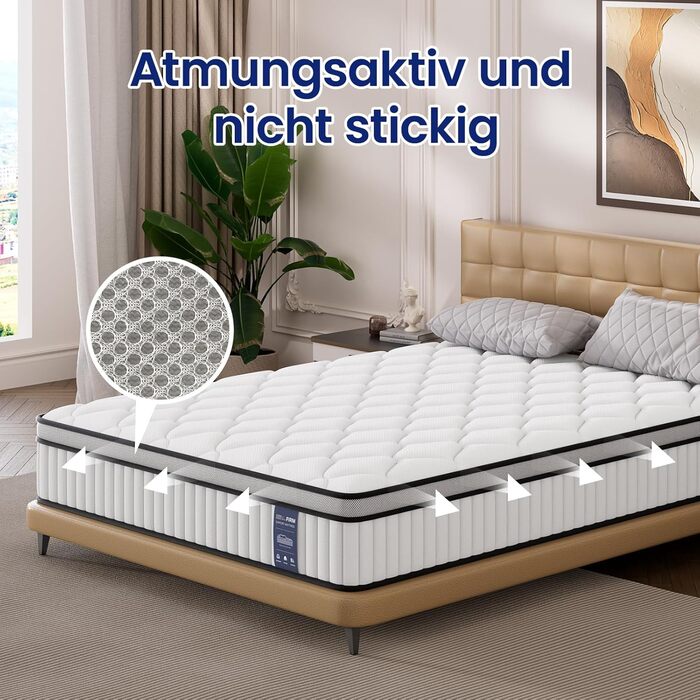 Матрац BedStory 90x200 см, пружинний матрац Pocket Spring, висота 31 см, ортопедичний матрац з комфортною піною, рівні жорсткості H3 та H4, пружинний матрац для дорослих, сертифікований ko-Tex та CertiPUR, 90x200 см, 31 см