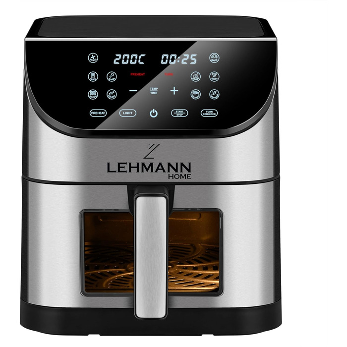 Фритюрниця Lehmann XXL з кошиком 8 л і оглядовим вікном, фритюрниця без олії з підсвічуванням, 1800 Вт, регулювання температури до 200C, фритюрниця з 10 програмами, таймером і сенсорним дисплеєм