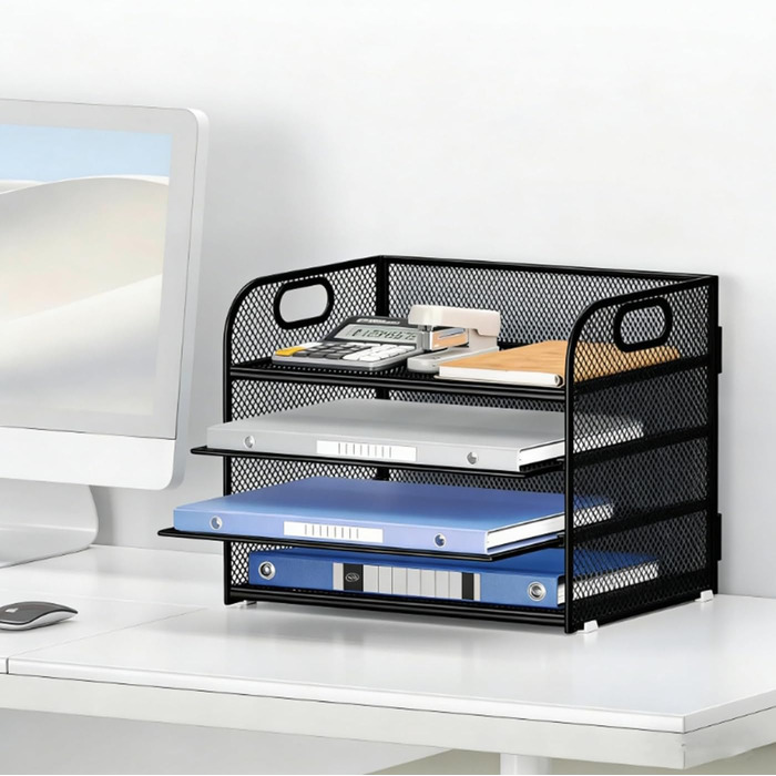 Металевий лоток для листів/документів А4, 4 відділення, лоток для паперу, що штабелюється, система подачі з сітчастою структурою та ручкою, чорний, компактний, 32,8 x 24,7 x 27,6 см, 4 відділення - чорний