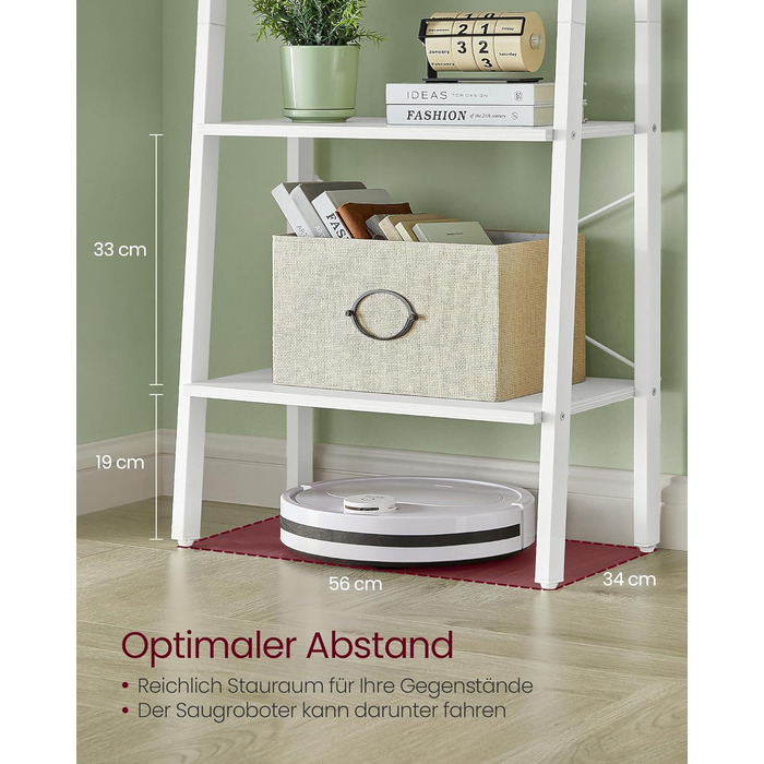 Полиця, 4-ярусна книжкова шафа, драбина, окремостояча полиця, для вітальні, спальні, кухні, домашнього офісу, сучасний дизайн, сталевий каркас, перлинно-білий кленовий білий LLS044W44 56 x 137,5 см білий